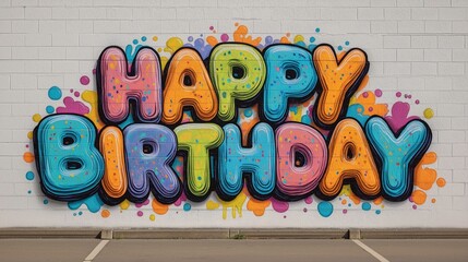 Colorful Happy Birthday Graffiti on White Brick Wall Celebratory Mural