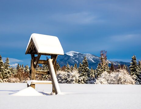 Snowy wooden structure in winter landscape