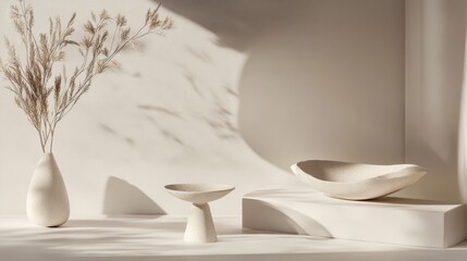 Neutral minimalist display of ceramic plates and dried flowers on beige background with soft lighting