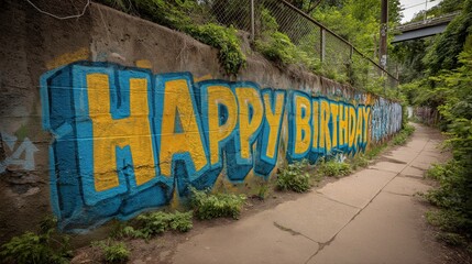 Colorful Happy Birthday Graffiti on Concrete Wall in Urban Area