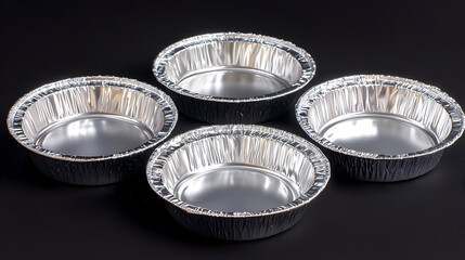 Four small, round, empty aluminum foil containers on a black background.  They are  uniform in size and shape, with a slightly raised rim. The foil has a characteristic rippled texture