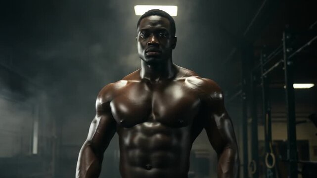 A black bodybuilders stands confidently in a dimly lit gym, showcasing his physique.