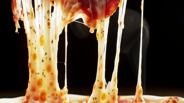 Close-up of a hot, cheesy pepperoni pizza slice being lifted, with long, stringy melted mozzarella cheese stretches against a dark background