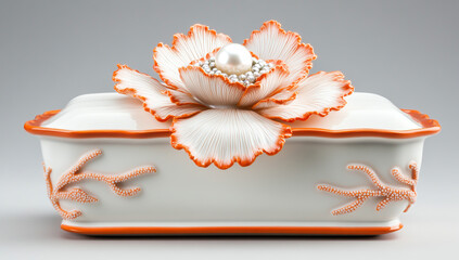 White rectangular pot with orange trim, flower-shaped lid with coral accents, and pearl embellishment in the center.