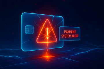 Digital warning interface with glowing alert sign and "Payment System Alert" message, suited for finance security visuals.
