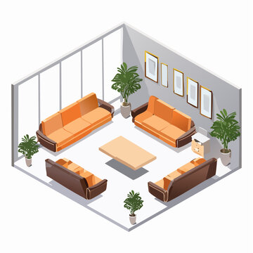 Isometric illustration of a modern office lounge with orange sofas, armchairs, a coffee table, and potted plants.