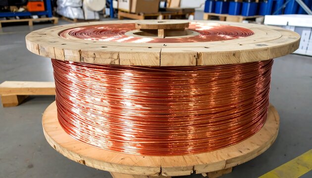 Copper wire spool with industrial storage.