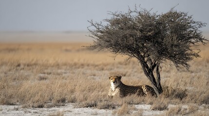 Cheetah resting beneath a solitary tree in a vast savanna landscape during a tranquil afternoon