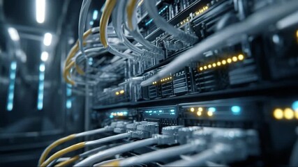 Server room with connected cables and illuminated lights   - Powered by Adobe