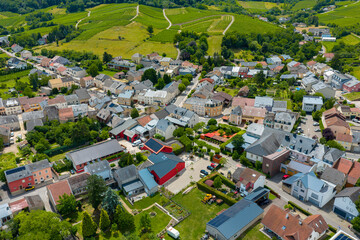 Aerial view of Schengen Village in Luxembourg in the Moselle Valley Wine growing region of the...