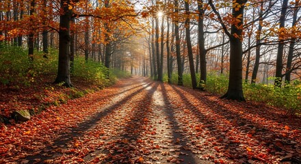 Obraz premium Sunlit path through autumnal forest: A scenic view of nature's vibrant colors