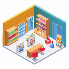 Fototapeta premium Isometric illustration of a modern convenience store interior with shelves, products, and a checkout counter.