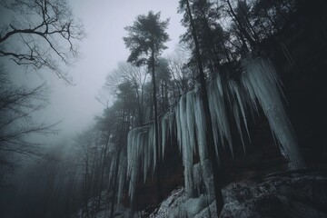 Icy forest overhang in a misty morning