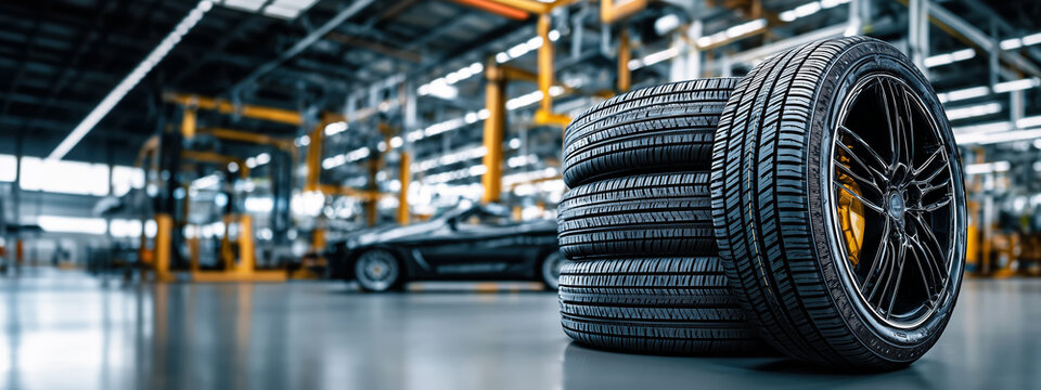 Close-Up of New High-Performance Car Tires in Modern Auto Workshop with Blurred Vehicle in Background