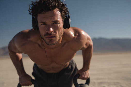 Muscular man wearing headphones doing dips exercise outdoors with intense focus and sweat on his body.