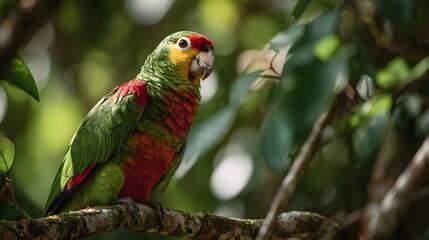 Vibrant parrot perched on a branch in a lush green forest, showcasing its colorful feathers and surroundings