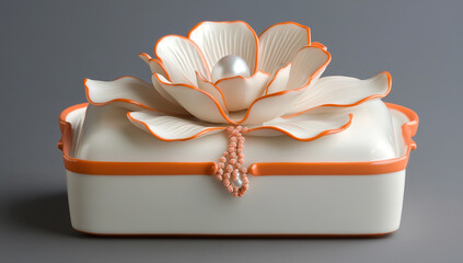 White rectangular pot with orange trim, flower-shaped lid with coral accents, and pearl embellishment in the center.