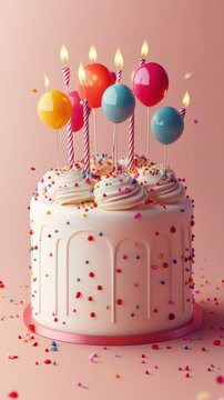 Festive birthday cake adorned with candles and colorful balloons celebrates a joyful occasion