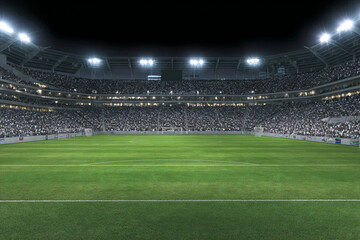 A well-lit soccer stadium filled with spectators, showcasing a green pitch and goals on a night game.