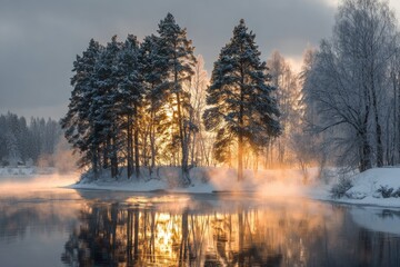 Fototapeta premium Winter sunrise over frozen river. Snow-covered trees bathed in golden sunlight