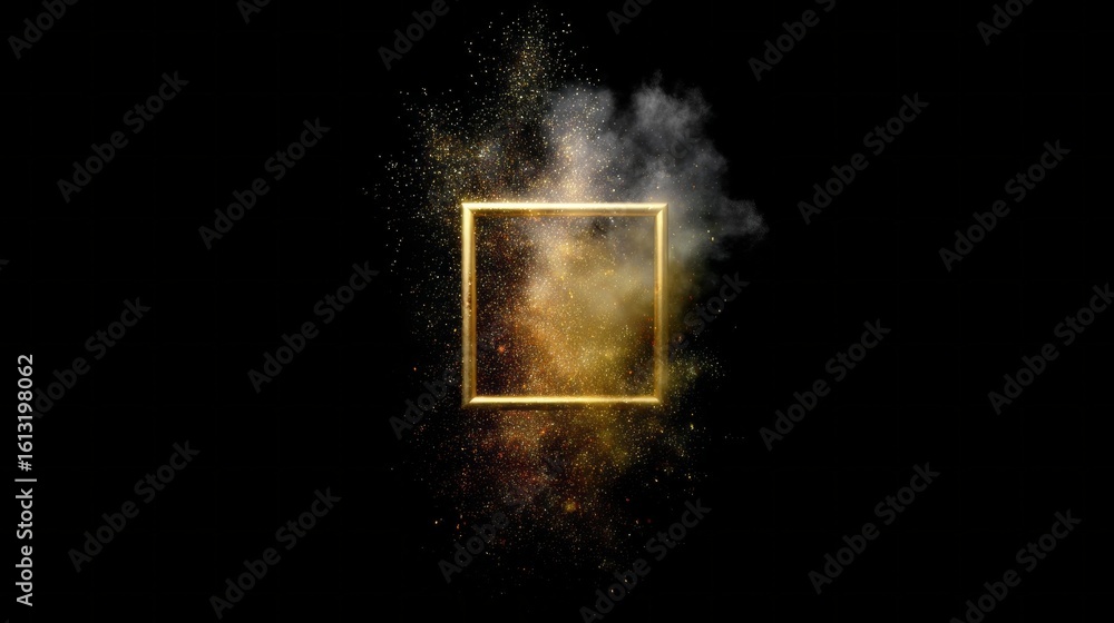 Wall mural a gold frame with a black background. the frame is surrounded by a lot of gold dust. the frame is sq