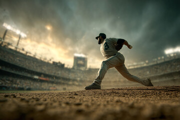 A baseball pitcher in motion delivering a pitch on a dirt mound during a game.