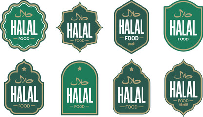 Collection of eight different green and white halal food label designs on a light background