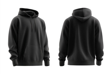 Front and back views of a black hooded sweatshirt with drawstrings and a front pocket.