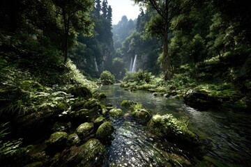 Lush forest scene with a flowing stream and waterfalls