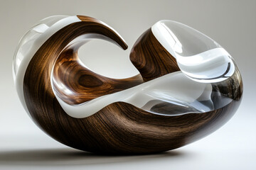 Abstract sculpture made of wood and glass, featuring an organic swirling dark brown wood grain design and contrasting smooth white or clear glass.