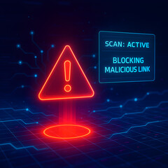 Cybersecurity warning alert showing scan blocking malicious links with glowing tech elements, ideal for online threat visuals.
