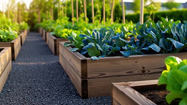 Vibrant vegetable garden with lush lettuce and kale in raised beds under sunny skies, peaceful atmosphere
