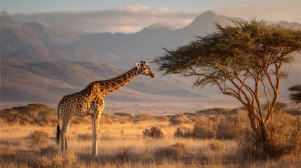 Majestic giraffe grazing near an acacia tree in a serene savanna landscape with distant mountains