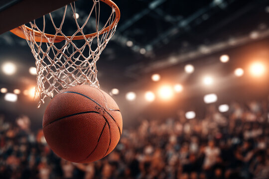 A basketball going through a hoop during a game in an indoor stadium with bright lights and a blurred crowd.