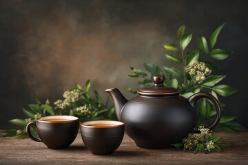 Two black cups of tea and a small teapot on the background. Generative AI