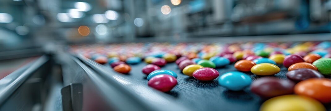 Colorful candy pieces move along a conveyor belt in a candy manufacturing facility during daytime production hours