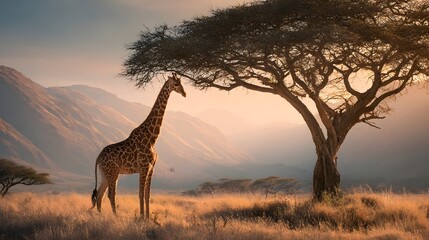 Majestic giraffe standing gracefully under a large acacia tree at sunset in a serene savanna landscape
