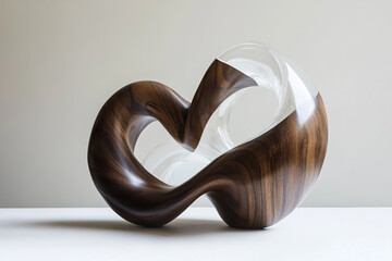 Abstract sculpture made of wood and glass, featuring an organic swirling dark brown wood grain design and contrasting smooth white or clear glass.