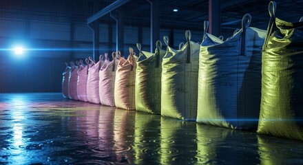Weathered big bags lined on wet concrete floor with neon light reflections