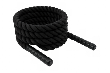 Black battle rope with rubber handles coiled and isolated on transparent background, ready for intense workout