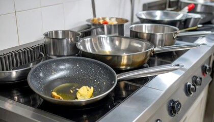 Dirty cooking pans and stove in restaurant.