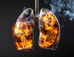 A pair of lungs engulfed in flames and smoke symbolizes the harmful effects of smoking and pollution on respiratory health.
