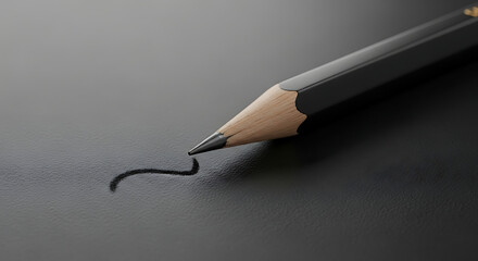 A close-up of a sharpened black pencil tip drawing a simple curved line on a dark, smooth surface.
