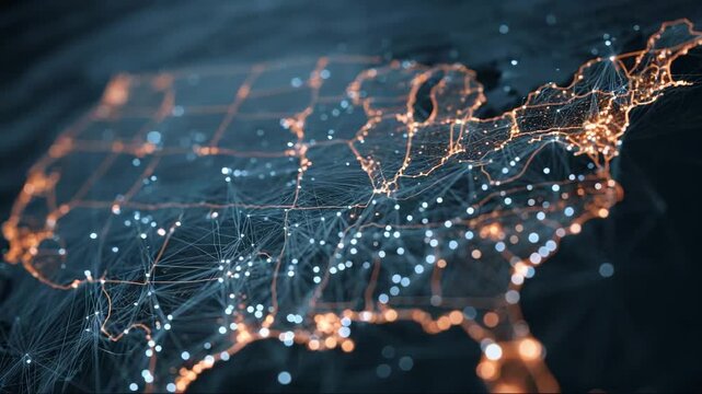 United States map with connected network lines and glowing lights  