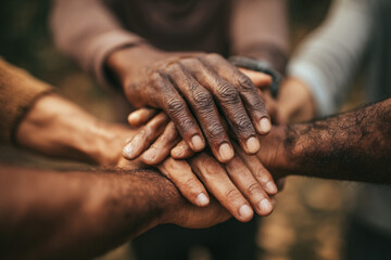 Multiple hands stacked together symbolizing unity and teamwork.