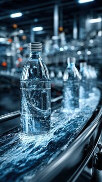 Water bottles moving along a conveyor belt in a manufacturing facility during daylight hours