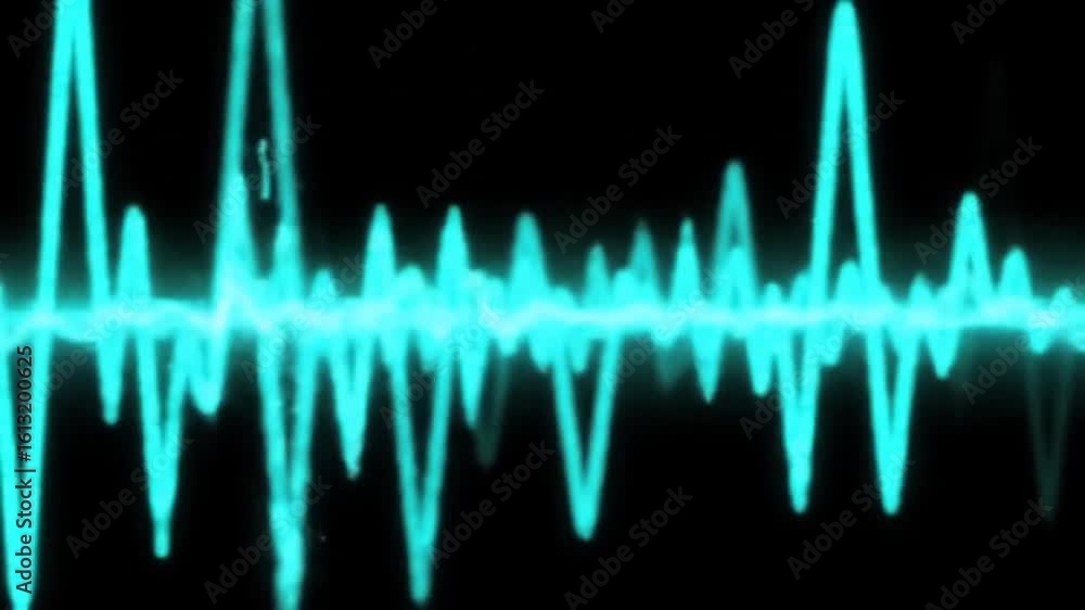Poster bright cyan waveform graphic representing sound waves or audio visualization on a black background.