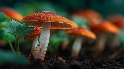 Group of Brown Mushrooms Growing in Dark Forest Soil with Green Leaf