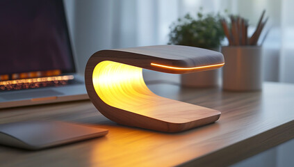 Wooden desk lamp with LED strip, warm yellow light and rounded edges for a comfortable workplace environment