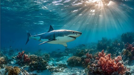 Majestic shark gliding through vibrant coral reef, sunbeams filtering through water above